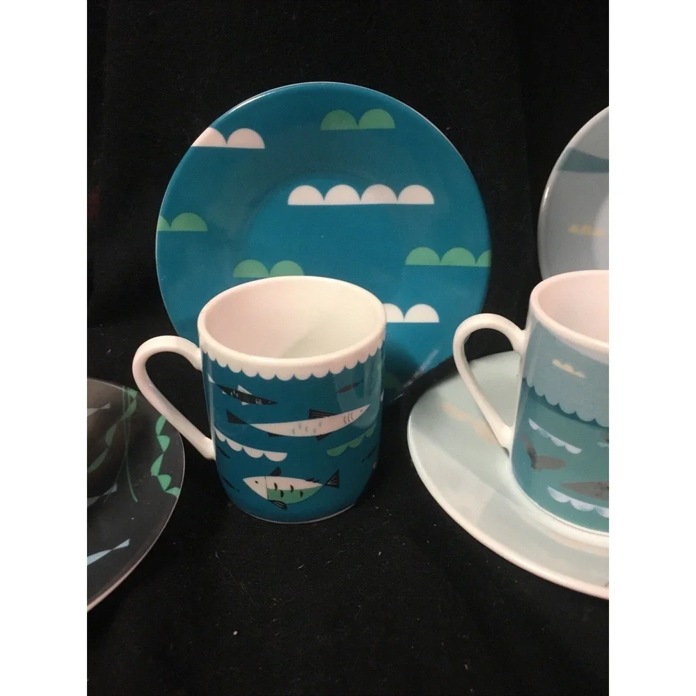 MAGPIE AHOY DESIGN, SET OF FOUR ESPRESSO NAUTICAL CUPS AND SAUCERS Teal